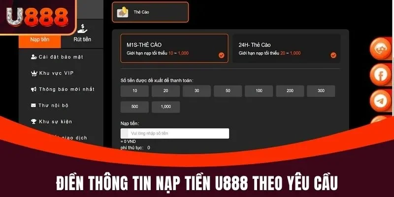 Điền tất cả thông tin nạp tiền U888 theo yêu cầu trên biểu mẫu